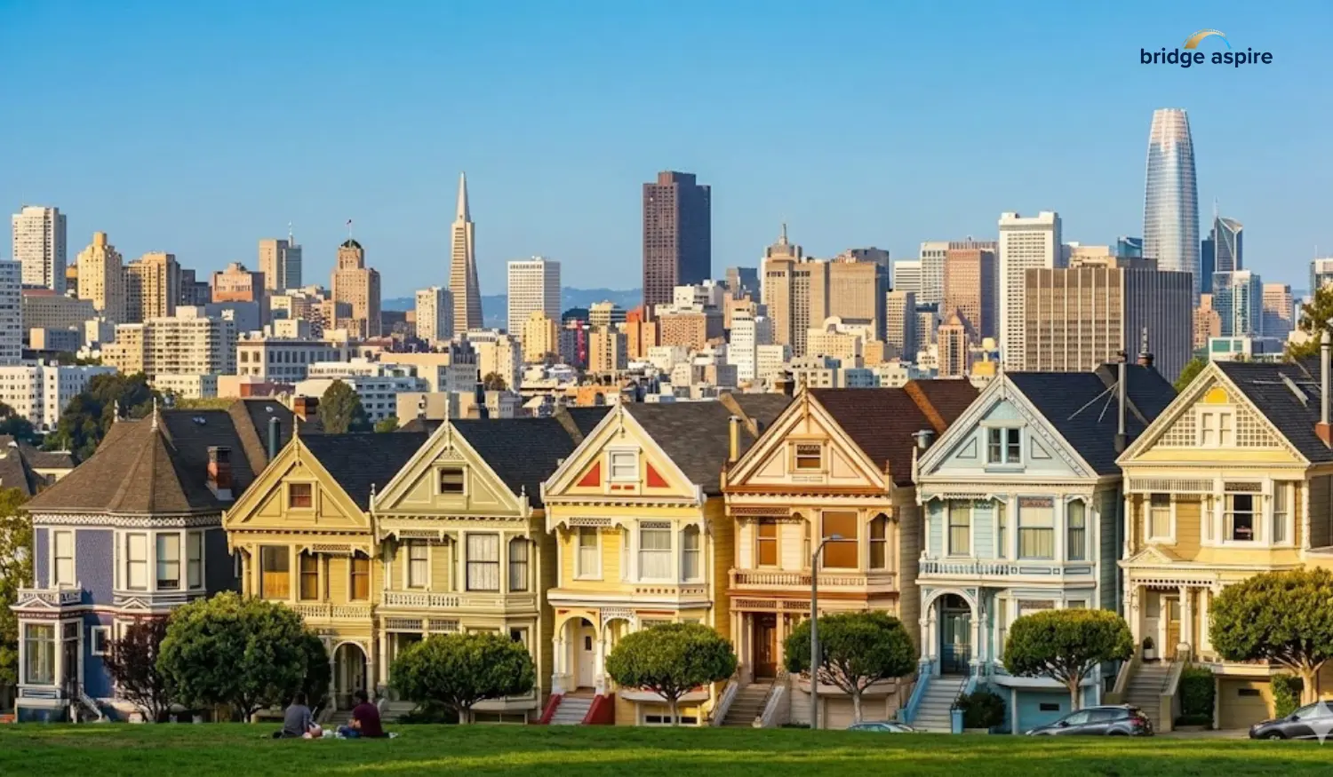 The Painted Ladies Victorian houses with the San Francisco skyline in the background, representing the mix of historic charm and modern city life.
